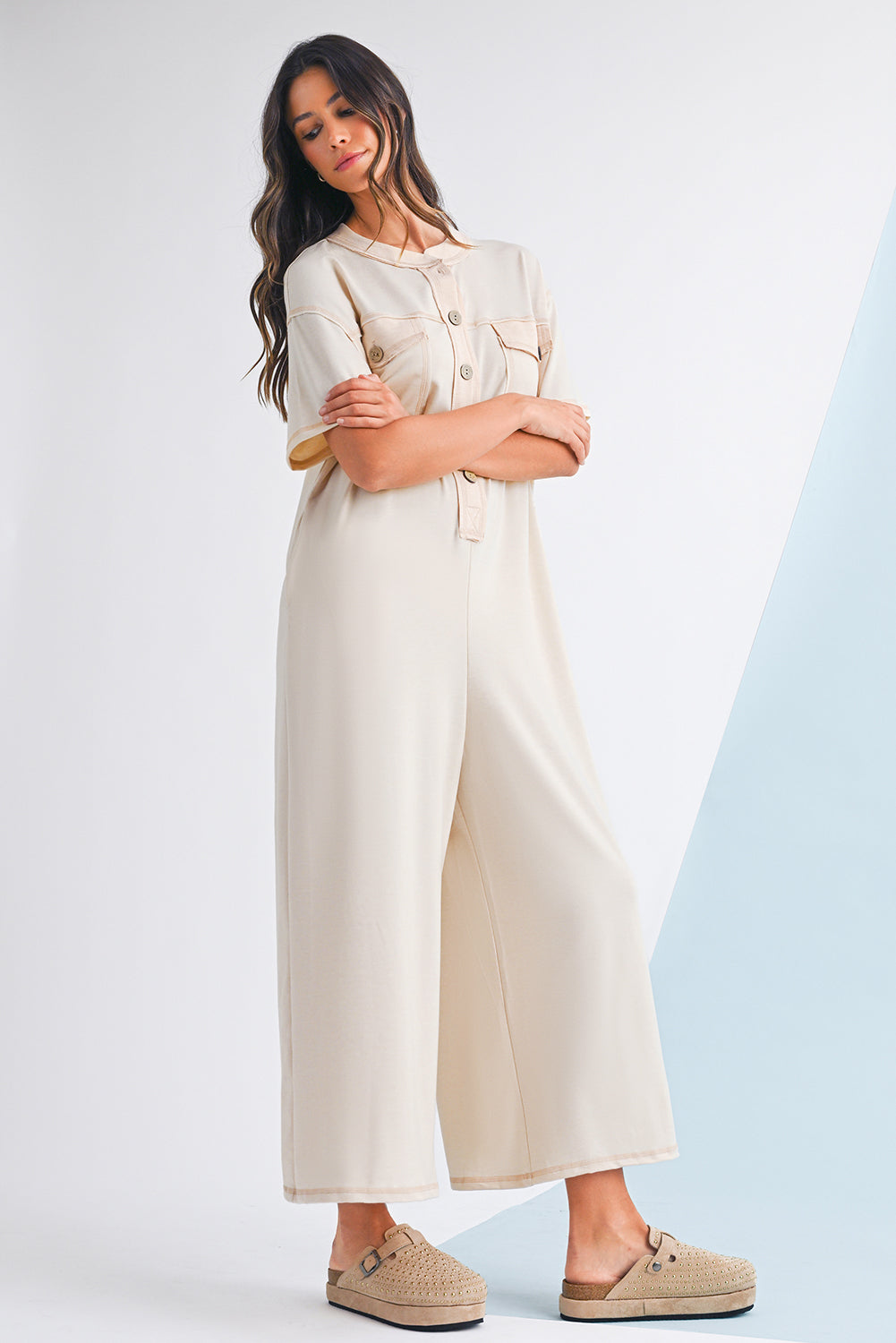 Jet Stream Patchwork Pocket Short Sleeve Jumpsuit