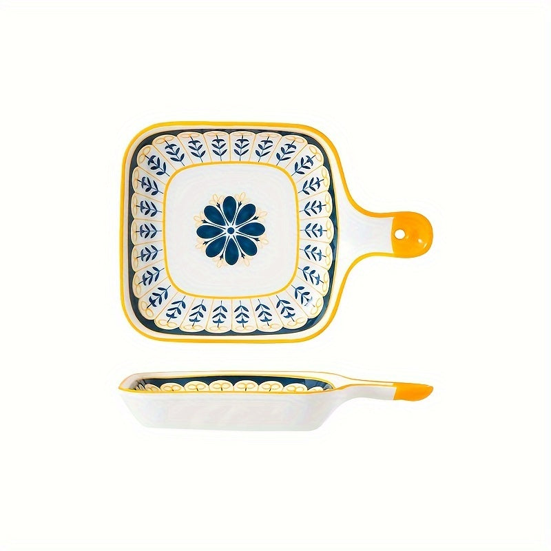 Stylish Ceramic Dinner Plate with Handle Flower Design