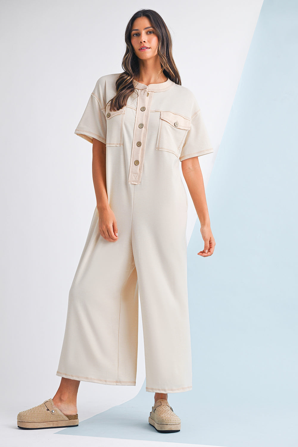 Jet Stream Patchwork Pocket Short Sleeve Jumpsuit