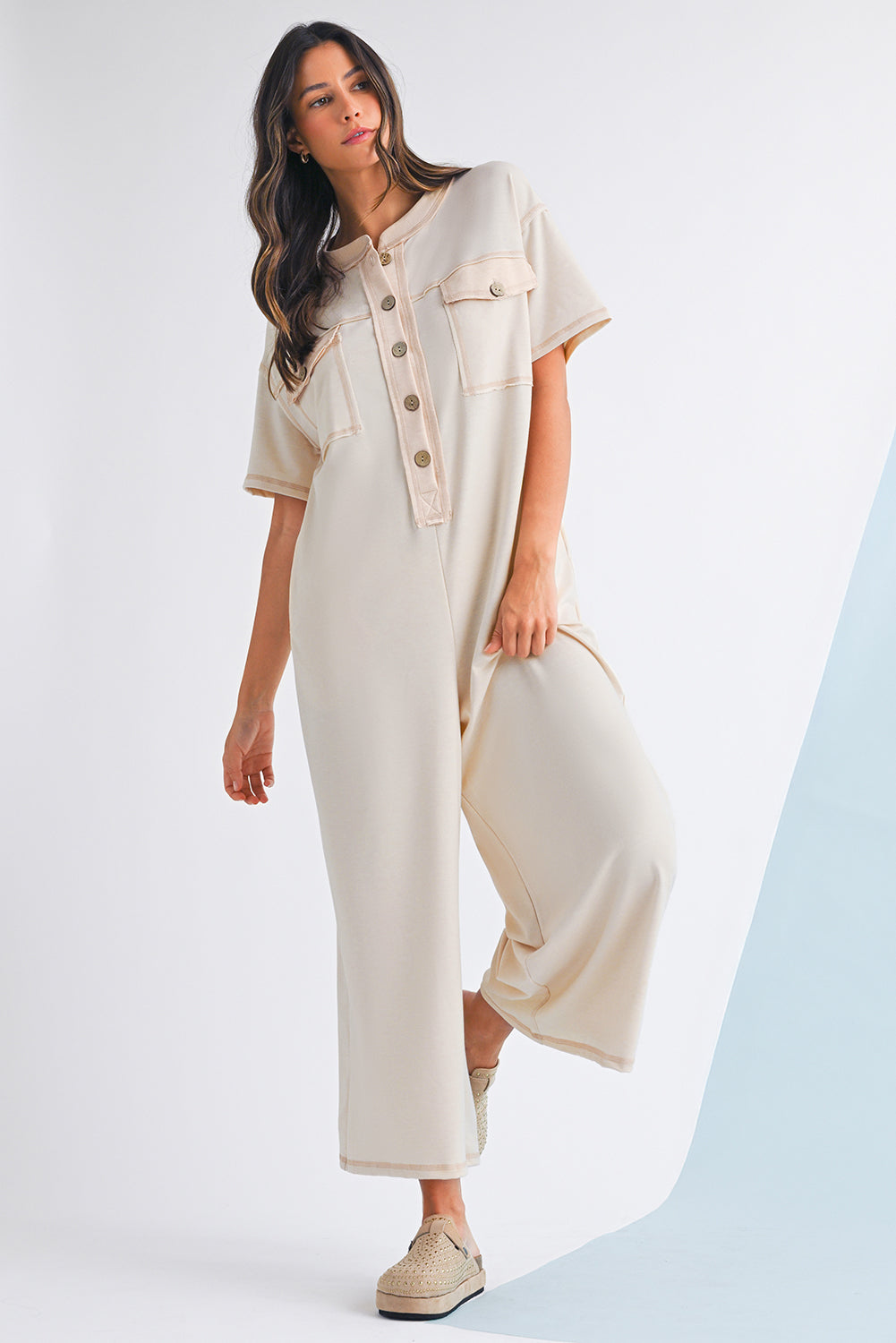 Jet Stream Patchwork Pocket Short Sleeve Jumpsuit